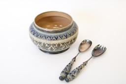 Ornate Doulton Lambeth Bowl W/ Monogramed Utensils