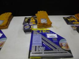 (1) 12'' Speed Square, Tape Measure, Utility Knife, Pack of 100 Blades, (2) Pair of Welding Gloves