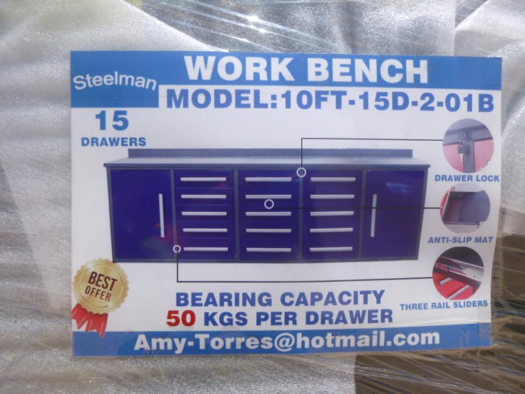 Unused Steelman 10ft Work Bench with 15 Drawers 2 Cabinets