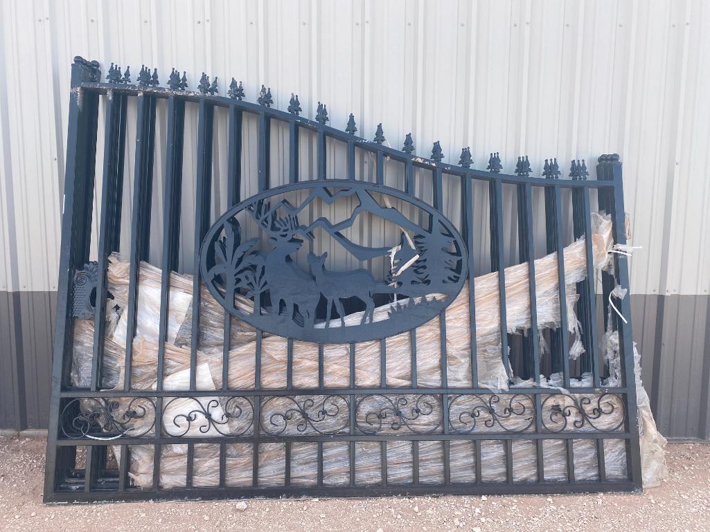 Unused Greatbear 20 Ft Bi-Parting Wrought Iron Gate with "DEER" Artwork.