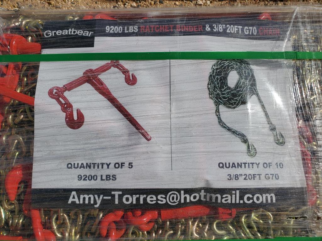 Unused Greabear (5) Ratchet Binders and (10) 3/8'' 20ft Chains