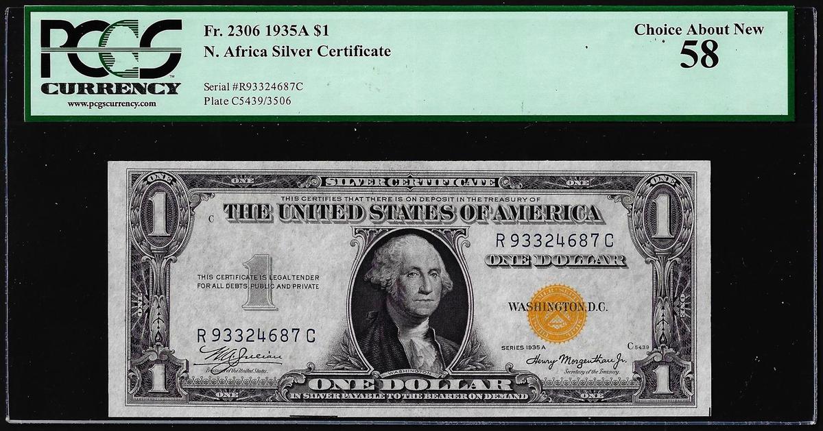 1935A $1 North Africa WWII Emergency Issue Silver Certificate Note PCGS About New 58