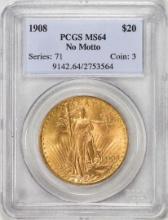 1908 No Motto $20 St. Gaudens Double Eagle Gold Coin PCGS MS64