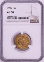 1913 $5 Indian Head Half Eagle Gold Coin NGC AU58