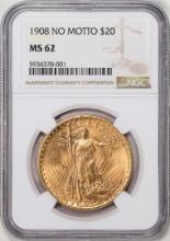 1908 No Motto $20 St. Gaudens Double Eagle Gold Coin NGC MS62