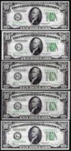 Lot of (5) 1934 $10 Federal Reserve Notes