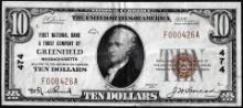 1929 $10 First National Bank & Trust of Greenfield, MA CH# 474 National Currency Note