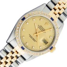 Rolex Mens Two Tone Champagne Sapphire and Diamond Datejust Wristwatch