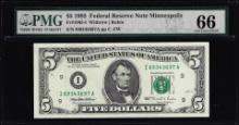 1995 $5 Federal Reserve Note Minneapolis Fr. 1985-I PMG Gem Uncirculated 66