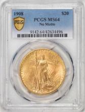 1908 No Motto $20 St. Gaudens Double Eagle Gold Coin PCGS MS64