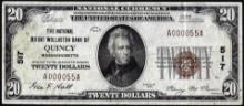 1929 $20 Mount Wallaston Bank of Quincy, MA CH# 517 National Note Low Serial Number