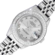 Rolex Ladies Stainless Steel Gray Roman Diamond Datejust Wristwatch