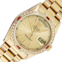 Rolex Mens 18K Yellow Gold Ruby and Diamond Day Date President Wristwatch