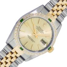 Rolex Mens Two Tone Champagne Index Emerald and Diamond Datejust Wristwatch
