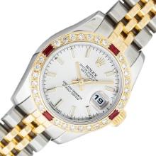 Rolex Ladies Two Tone Silver Index Ruby and Diamond Datejust Wristwatch