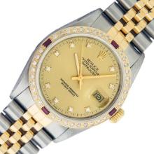 Rolex Mens Two Tone Champagne Ruby and Diamond Datejust Wristwatch