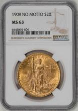 1908 No Motto $20 St. Gaudens Double Eagle Gold Coin NGC MS63