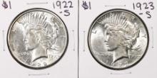 Lot of 1922-S & 1923-S $1 Peace Silver Dollar Coins