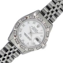 Rolex Ladies Stainless Steel White Roman Pyramid Diamond Datejust Wristwatch