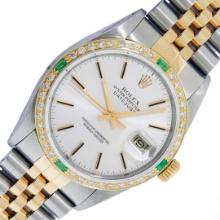 Rolex Mens Two Tone Silver Index Emerald and Diamond Datejust Wristwatch