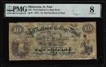 1879 $10 First National College Bank Minnesota St. Paul Obsolete Scrip PMG Very Good 8