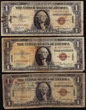 Lot of (3) 1935A $1 Hawaii WWII Emergency Issue Silver Certificate Notes