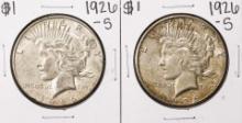 Lot of (2) 1926-S $1 Peace Silver Dollar Coins
