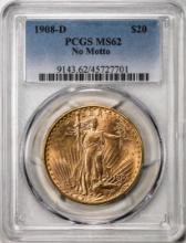 1908-D No Motto $20 St. Gaudens Double Eagle Gold Coin PCGS MS62