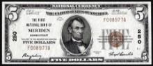 1929 $5 The First National Bank of Meriden, CT CH# 250 National Currency Note