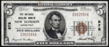 1929 $5 The National Whaling Bank of New London, CT CH# 978 National Currency Note