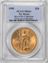 1908 No Motto $20 St. Gaudens Double Eagle Gold Coin PCGS MS64 Rive d' Or Collection