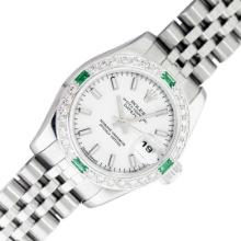 Rolex Ladies Stainless Steel White Index Emerald and Diamond Datejust Wristwatch