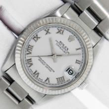 Rolex Ladies Midsize Stainless Steel White Roman Datejust Wristwatch With Box