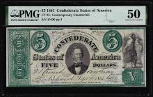 1861 $5 Confederate States Contemporary Counterfeit CT-33 PMG About Uncirculated 50