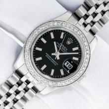 Rolex Ladies Stainless Steel Black Index Diamond Datejust Wristwatch