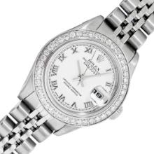 Rolex Ladies Stainless Steel White Roman Diamond Datejust Wristwatch