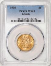 1908 $5 Liberty Head Half Eagle Gold Coin PCGS MS63