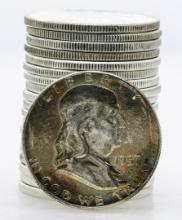 Roll of (20) Brilliant Uncirculated 1957 Franklin Half Dollar Coins Toning