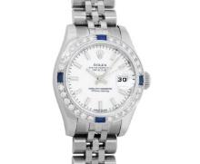 Rolex Ladies Stainless Steel White Index Sapphire and Diamond Datejust Wristwatch