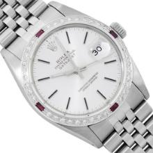 Rolex Mens Stainless Steel Silver Index Ruby and Diamond Datejust Wristwatch