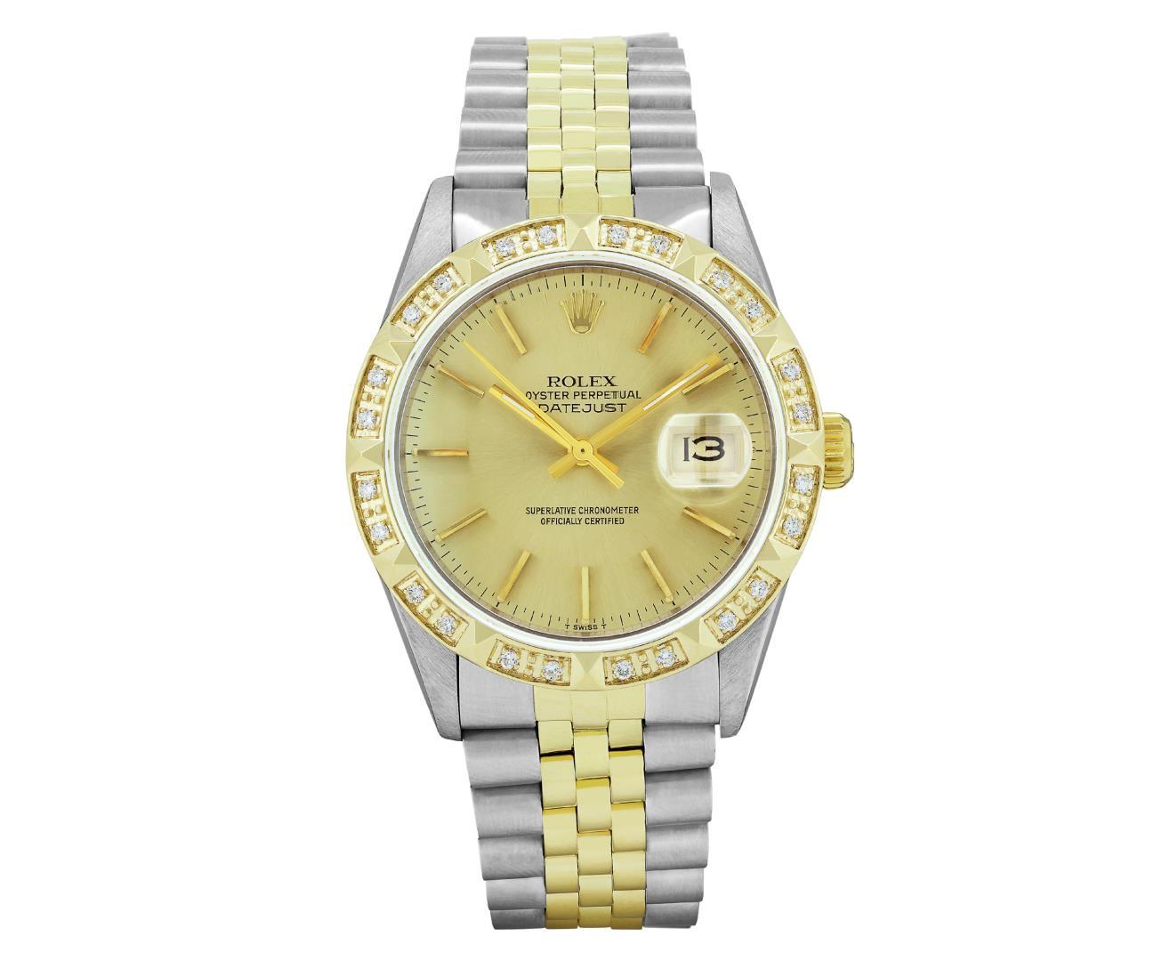 Rolex Mens Two Tone Champagne Index Diamond Datejust Wristwatch With Rolex Box