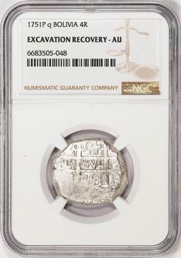 Shipwreck 1751P q Bolivia 4 Reales Silver Coin NGC AU Excavation Recovery