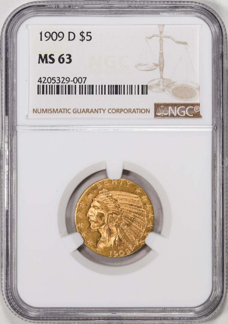 1909-D $5 Indian Head Half Eagle Gold Coin NGC MS63