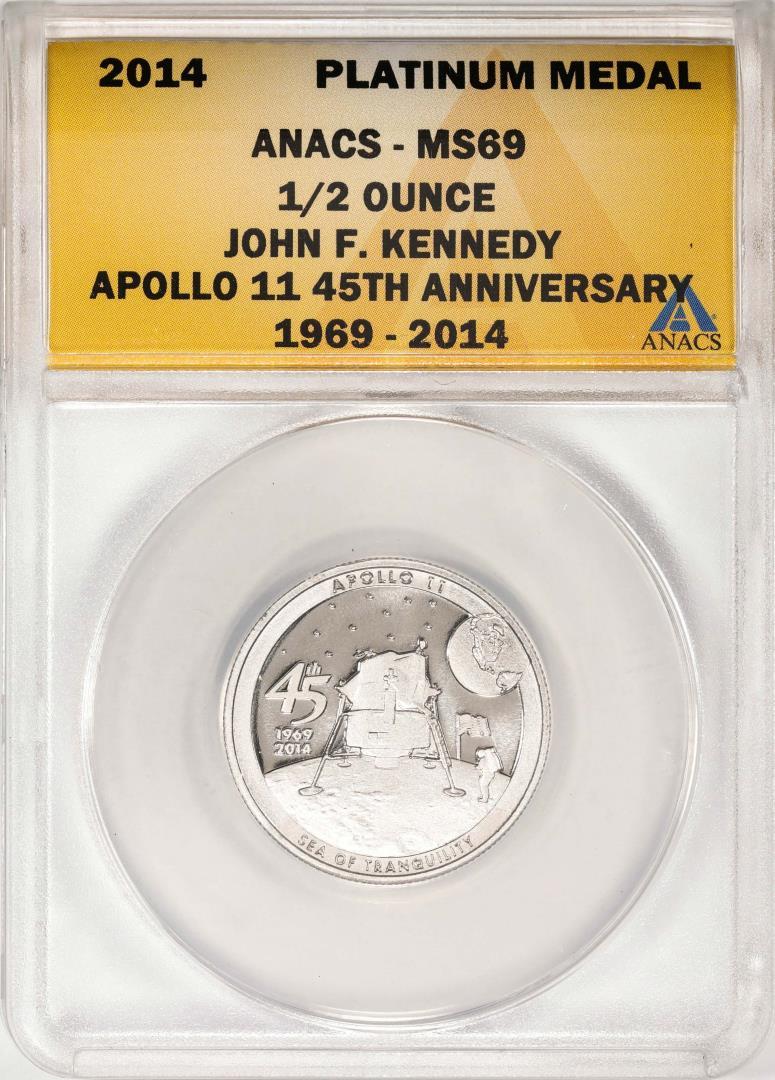 2014 Proof 1/2 oz Platinum JFK Apollo 11 Anniversary Medal ANACS MS69