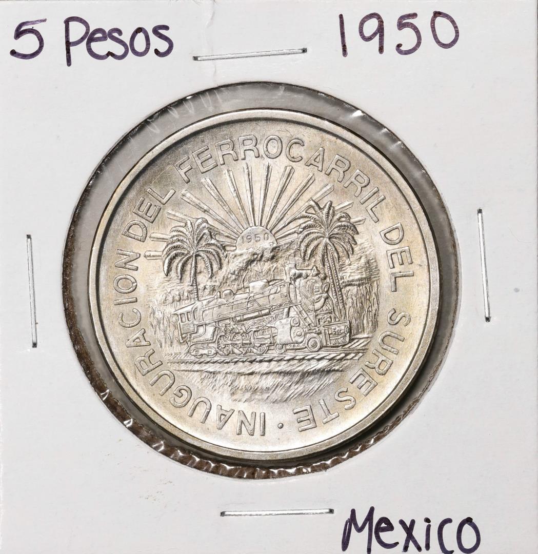 1950 Mexico 5 Pesos Inauguracion Del Ferrocarril Del Sureste Coin