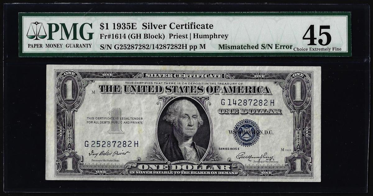 1935E $1 Silver Certificate Note Mismatched Serial Number Error Fr.1614 PMG Choice XF45