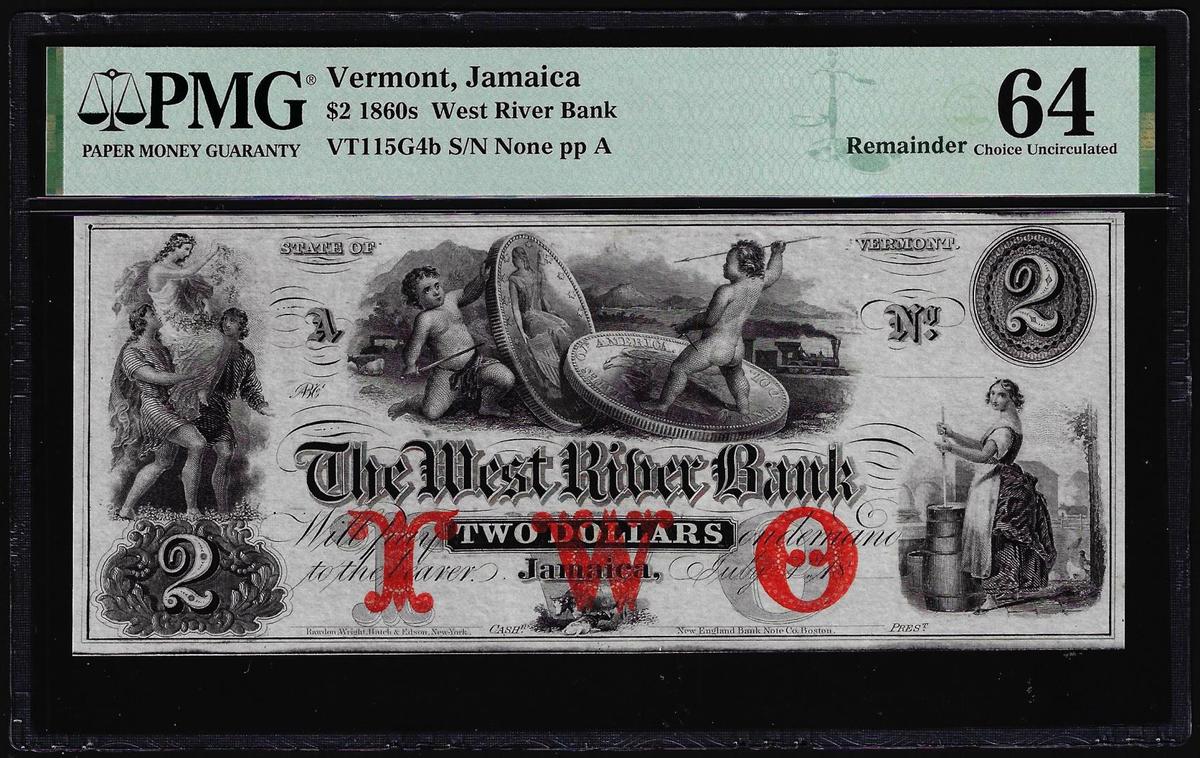 1860s $2 West River Bank Jamaica Obsolete Remainder Note PMG Choice Uncirculated 64