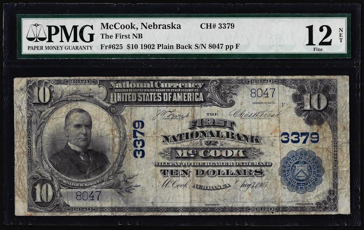 1902 $10 First NB of McCook, Nebraska CH# 3379 National Currency Note PMG Fine 12 Net