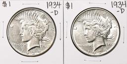 Lot of (2) 1934-D $1 Peace Silver Dollar Coins