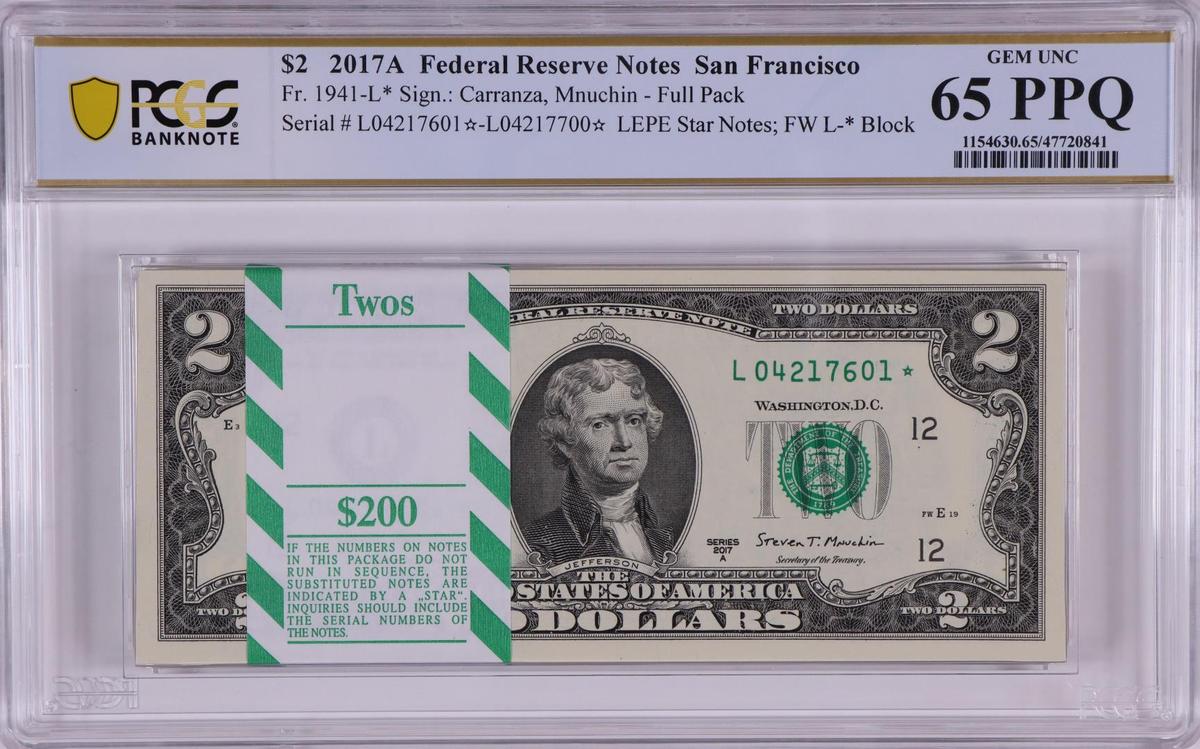 Pack 2017A $2 Federal Reserve STAR Notes San Francisco Fr.1941-L* PCGS Gem UNC 65PPQ